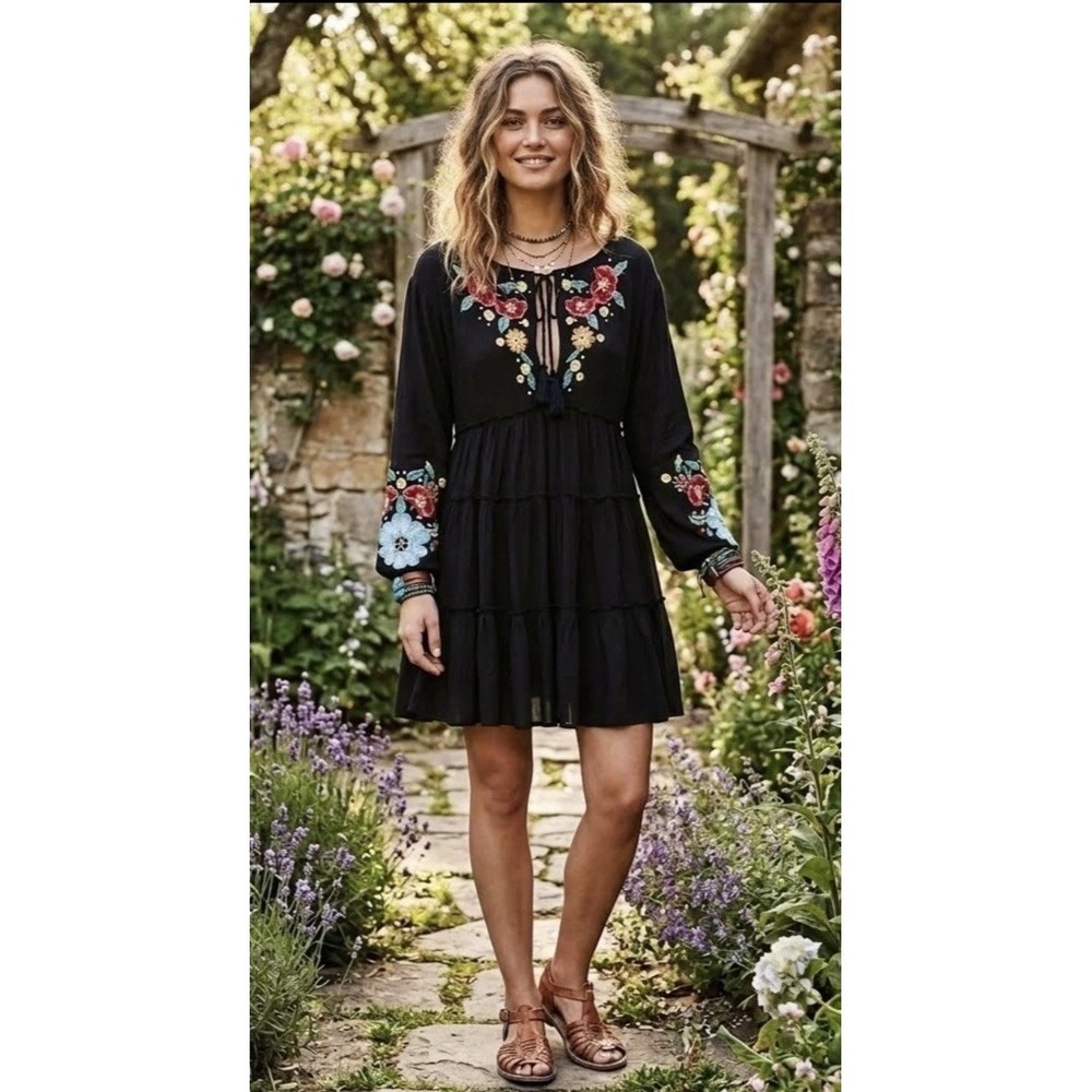 Free People Spell On You Embroidered Mini Dress Womens S Black Gauze Babydoll